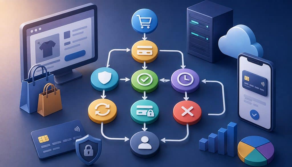 Payment state model showing secure ecommerce checkout flow and transaction stages