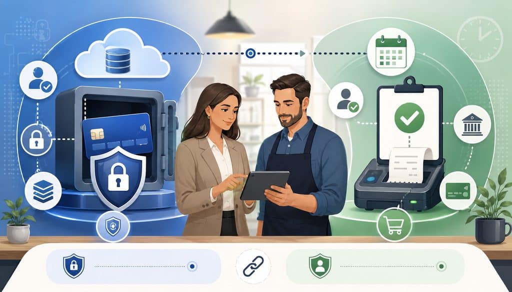 Customer and merchant reviewing separate card storage and payment consent