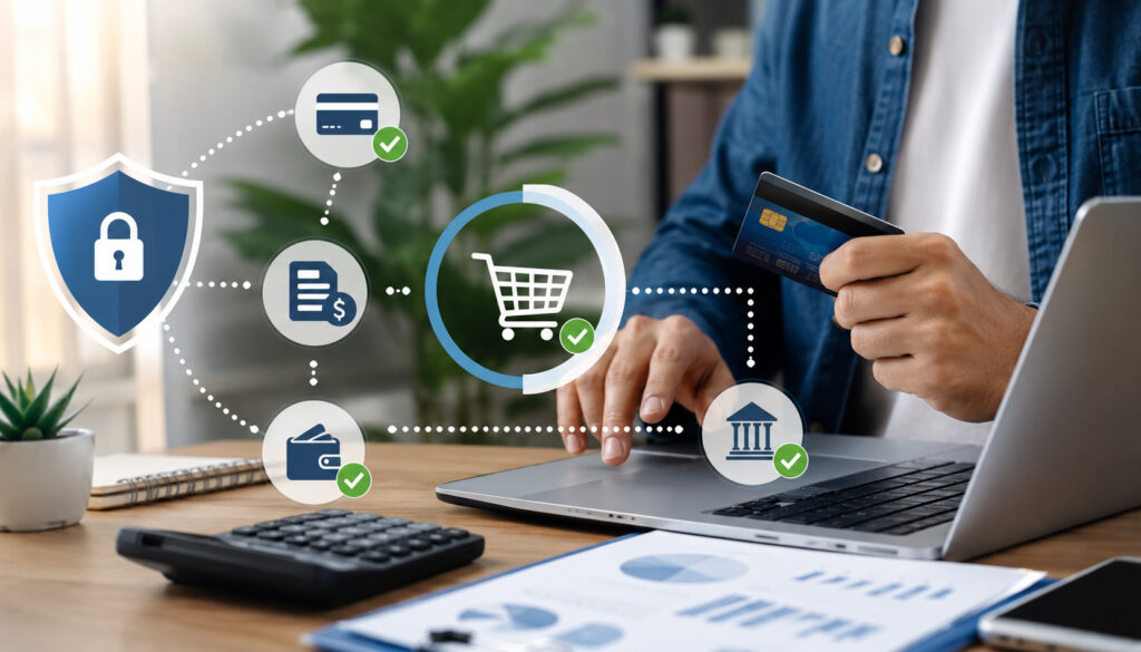 Online deposit and final balance payment workflow with secure card processing icons
