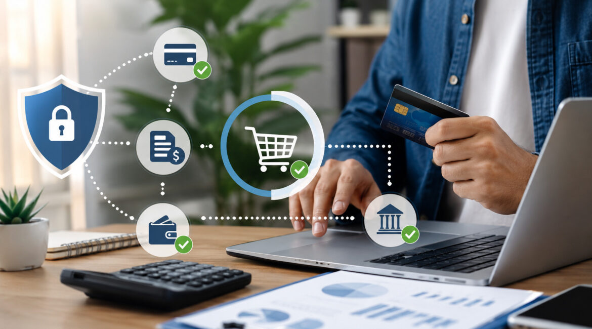 Online deposit and final balance payment workflow with secure card processing icons