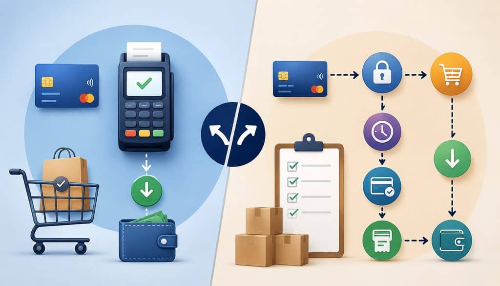 Deposit payment vs authorization and capture flow illustration