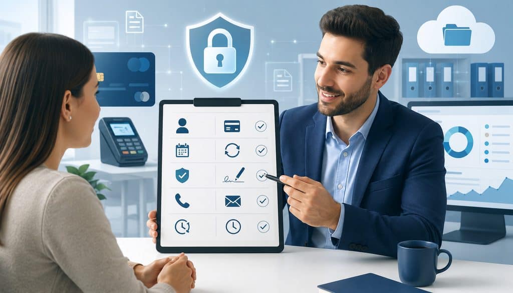 Customer and merchant reviewing a secure payment consent record